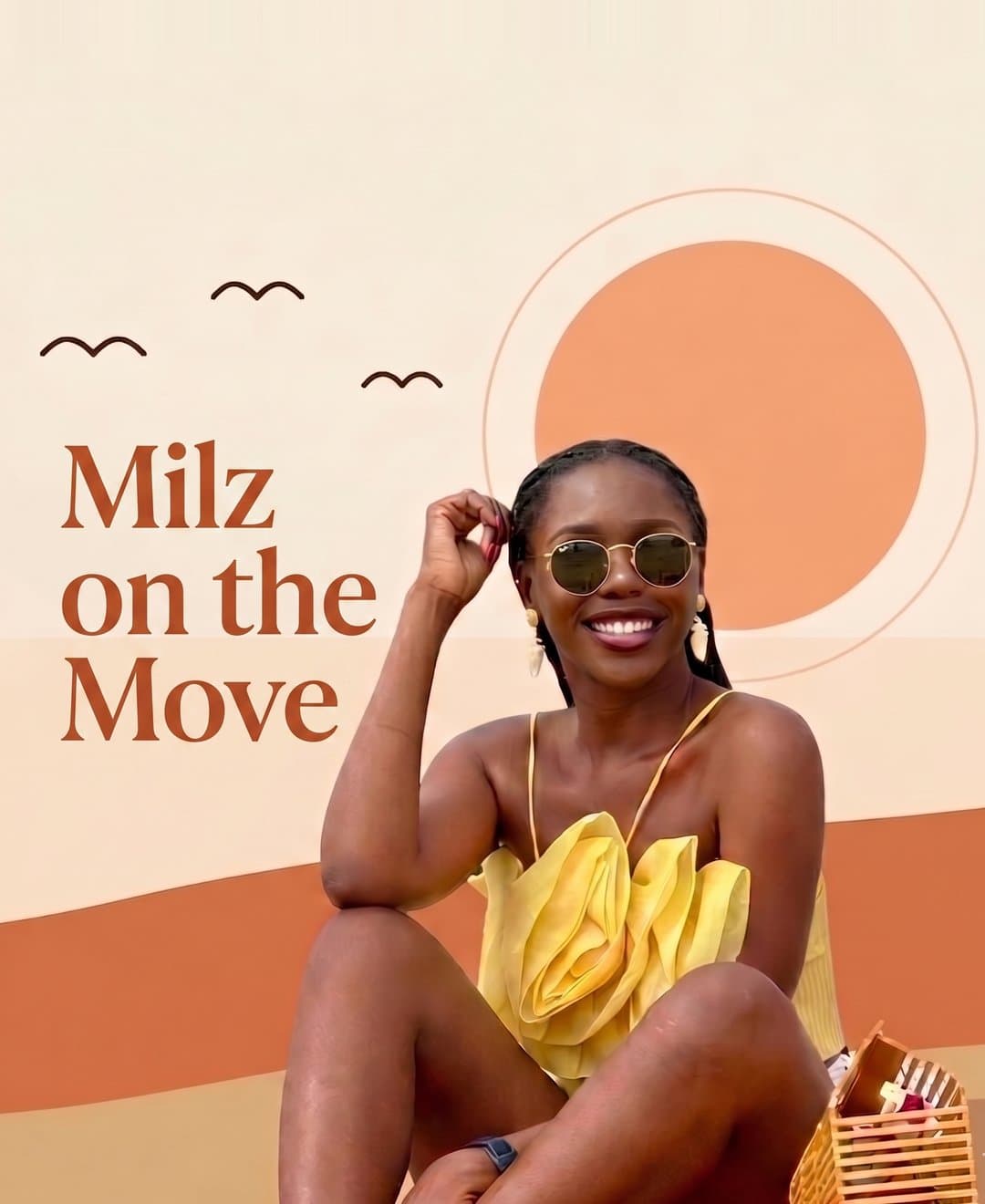 Smiling traveller in a yellow outfit and sunglasses sitting on warm-toned sand against a stylized sun and cream sky